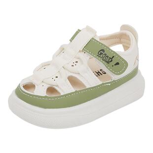 夏季时尚新款儿童凉鞋男童镂空沙滩鞋女宝宝皮面洞洞鞋软底小童鞋