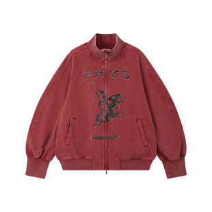 物理少年「拉夫杰克」复古杰克马年水洗落肩做旧慵懒立领卫衣外套