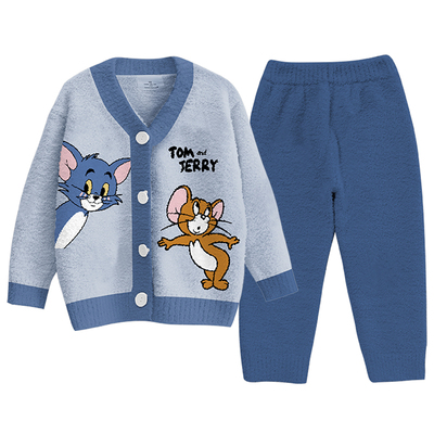 汤姆软绵绵儿童睡衣男童半边绒秋冬保暖厚男孩大童珊瑚家居服套装