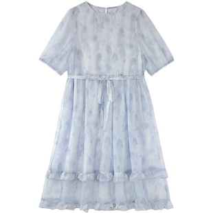 花吉Q380淡紫色朦胧梦幻感碎花欧根纱连衣裙（附腰带）2026新款夏