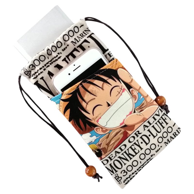 卡通航海贼王可爱竖束口零钱小包女挂脖斜挎手机充电宝绒布袋套