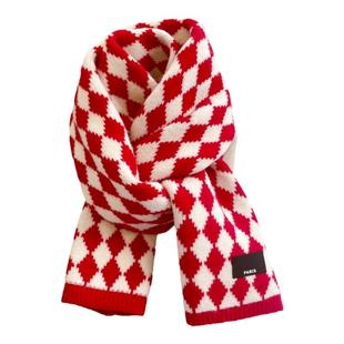 针织毛线围巾女生冬季红色菱格子韩版短小围脖保暖可爱ins潮日系