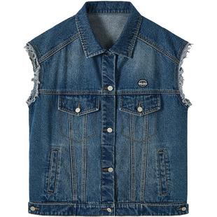 URLAZH有兰新款复古纯棉复古拼接设计感休闲毛边牛仔背心马甲女