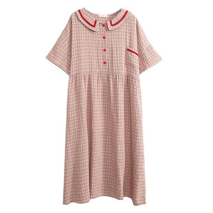 纯棉睡裙大码女胖mm可外穿夏季薄款双层棉纱格子连衣裙睡衣200斤