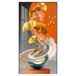 轻奢入户玄关装饰画进门客厅走廊过道挂画新款杏叶麋鹿竖版墙壁画