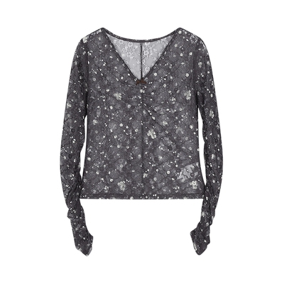 SLY 夏季新品撞色碎花蕾丝透视打底长袖小上衣030ISZ90-1361