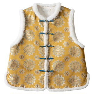 一丝牵填充100%桑蚕丝宋锦宝相花真丝提花水貂毛棉服马甲国风外套