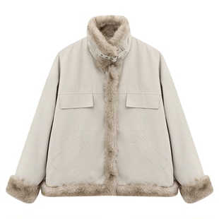 Basic House/百家好两面穿皮毛一体女冬季小个子加厚立领短款外套