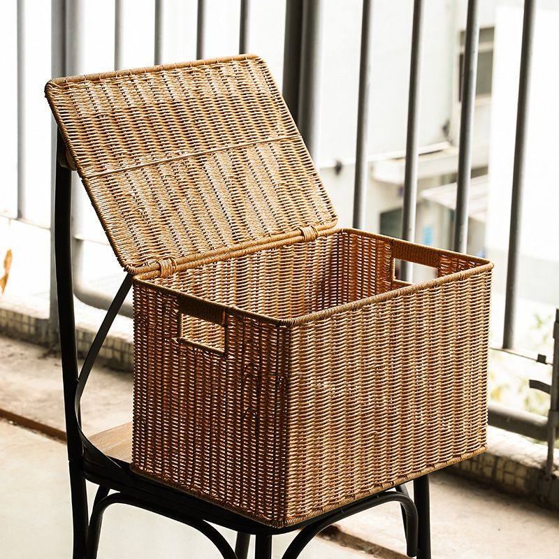 大号编织收纳箱子塑料后备箱卧室复古风有整理藤编装书箱盖玩具箱