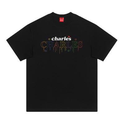 查尔斯桃心短袖男2025夏季新款彩虹字母印花爱心美式重磅宽松圆领