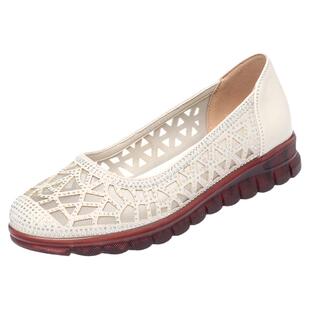 网纱真皮女鞋夏季镂空透气薄款单鞋牛筋软底妈妈鞋平底中老年凉鞋