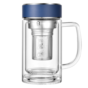 耐热双层玻璃茶杯带把茶水分离过滤泡茶水杯带盖手柄杯子定制logo