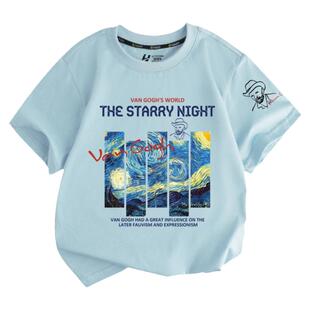 梵高星空星月夜向日葵麦田获名画短袖t恤衫男女儿童装学生款半袖