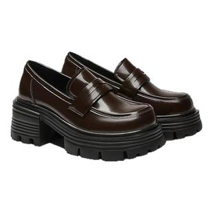 millies妙丽女鞋单鞋增高黑色复古小皮鞋百搭粗跟乐福鞋2025新款