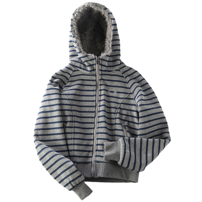 原创美式复古条纹加绒连帽卫衣潮