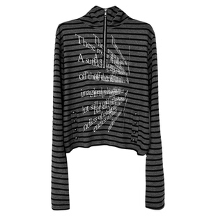 DETW 25AW*原创小众暗黑标语条纹拉链修身短款开衫连帽外套男女