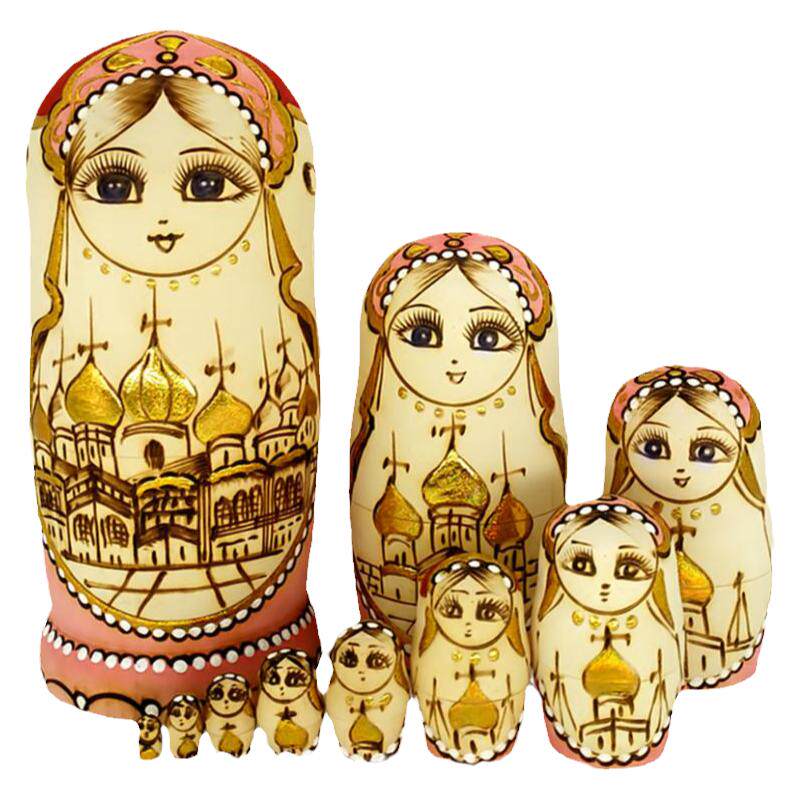 俄罗斯风格套娃进口正品10层 城堡娃娃 原木本色烙刻礼物玩具摆件