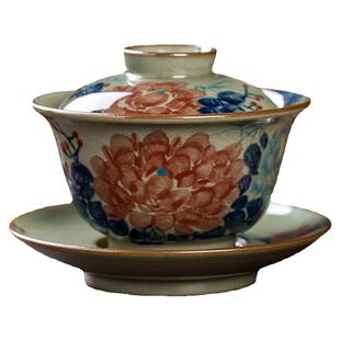 青花手工柴窑老陶泥牡丹茶杯三才手绘盖碗景德镇陶瓷茶釉下彩茶杯