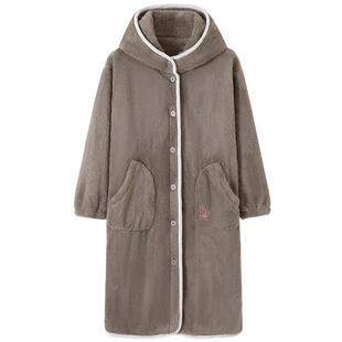 睡袍女冬季珊瑚绒加厚加绒浴袍睡衣女款秋冬法兰绒可外穿长款浴衣