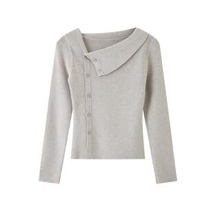 三福套头毛衣2026新款春季时尚不对称半翻领针织衫上衣女装519584