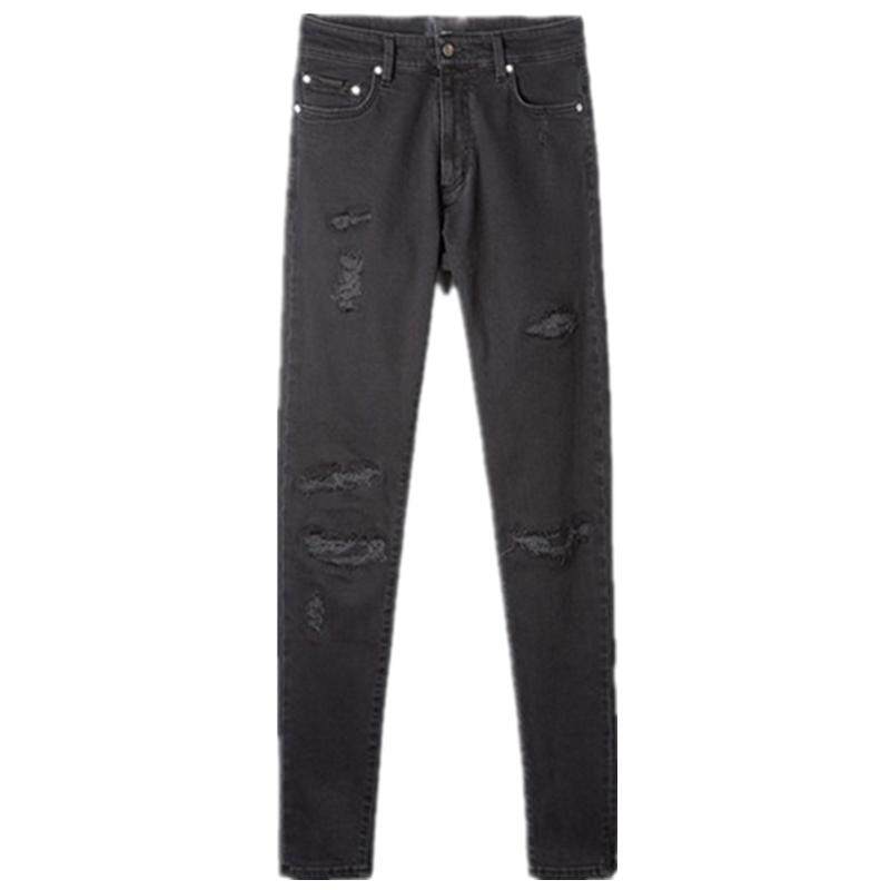 #HS高品质22FW DENIM纯黑色不露皮磨损破坏弹力修身小脚牛仔裤潮