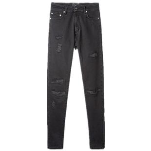 #HS高品质22FW DENIM纯黑色不露皮磨损破坏弹力修身小脚牛仔裤潮