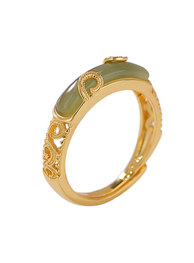 复古唐草纹镂空半弯戒指女新中式国风高级感青玉卷草纹弯管食指戒