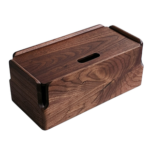 三思工房黑胡桃木集线盒实木排插收纳盒插座整理盒桌面电线理线盒