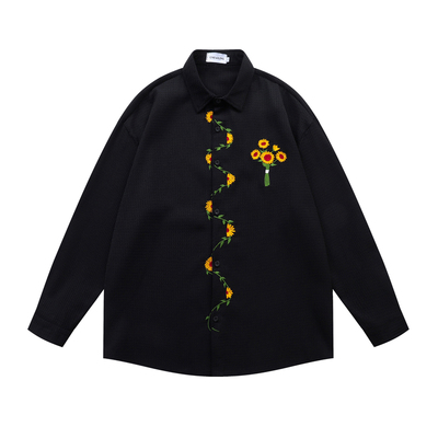 复古日系向阳花刺绣长袖衬衫男女
