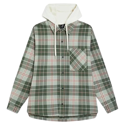 特步格纹衬衫男2025冬季新品法兰绒百搭连帽宽松外套9754292A0498