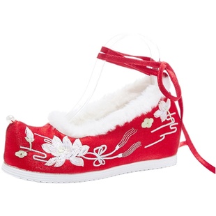 2022冬原创明制汉服鞋子璎珞绣花鞋女冬翘头鞋古风古装内增高布鞋