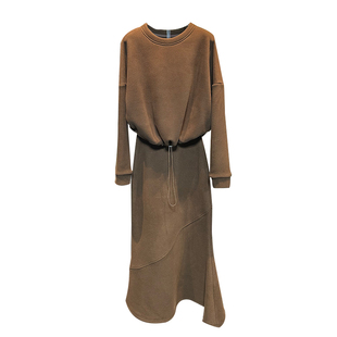 2025秋冬季美拉德精选美式复古套装咖色圆领上衣+半身裙两件套女