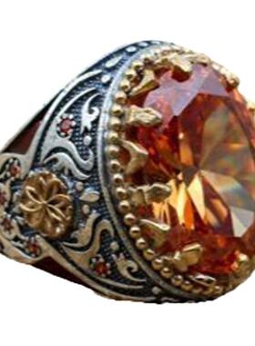 精致气质橙色托帕石925k纯银男士