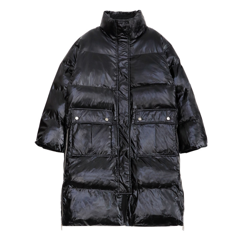 黑色亮面羽绒棉服免洗宽松