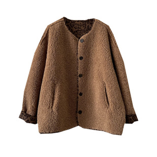 冬季加厚撞色豹纹圆领羊羔毛外套宽松仿皮毛一体保暖上衣毛毛外套