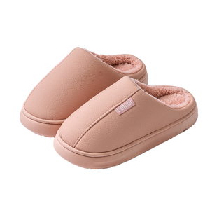 皮面棉拖鞋女款秋冬季保暖室内居家用情侣防滑防水毛毛拖皮拖男款