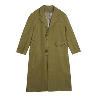 杨二大梦原创自制棕绿色门襟口袋盖呢子大衣秋冬长款毛呢外套女