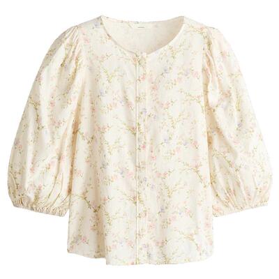 HM女装衬衫2026夏季新款亚麻混纺泡泡袖田园风碎花开衫1256527