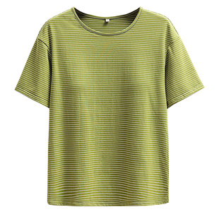 带胸垫短袖圆领上衣女黑白条纹braT恤显瘦外穿绿色棉