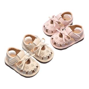 婧麒女宝宝叫叫凉鞋夏季可爱软底包头学步鞋防滑婴儿鞋女孩公主鞋