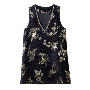 宝诗黎V领钉珠亮丝背心裙2026春季新款气质百搭新中式中长直筒裙