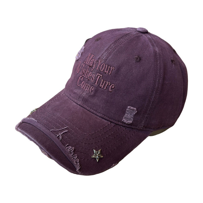 做旧破洞风字母刺绣星星棒球帽女