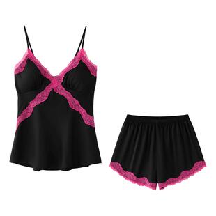 乐姿梦性感吊带睡衣女冰丝夏天纯欲风短裤蕾丝凉感家居服黑色套装