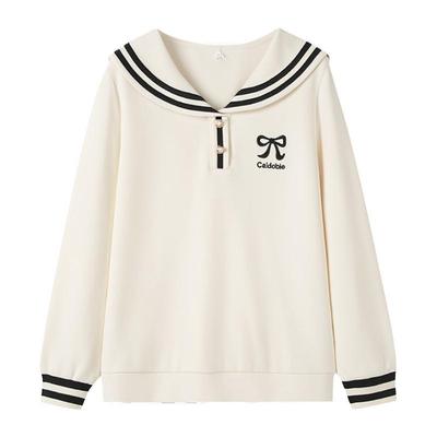 采多宝大码女装海军领刺绣针织卫衣胖mm蝴蝶结减龄宽松显瘦上衣