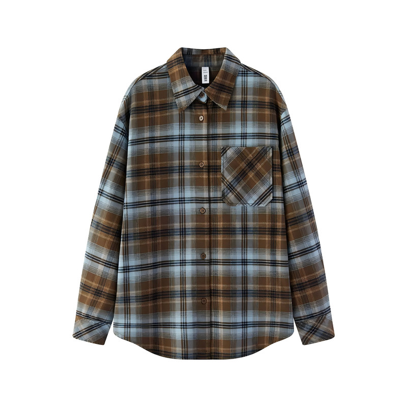 森马磨毛纯棉格子中长款衬衫女