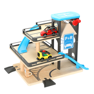 木质勒酷小火车轨道三层停车场玩具木制仿真升降电梯大楼轨道车