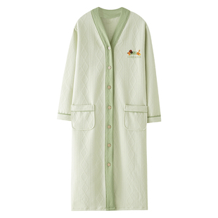 浪莎空气棉夹层睡袍女款秋冬季纯棉加厚长袖保暖中长款睡衣家居服