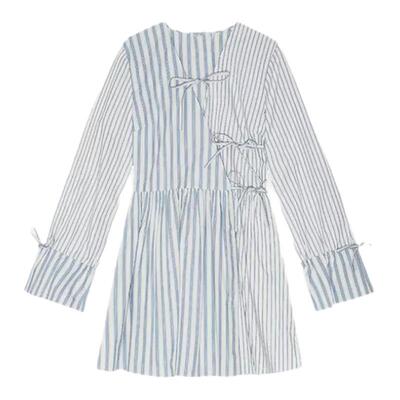 【现货】Rouje Life鞠婧祎白鹭色条纹长袖系带V领百褶连衣裙女