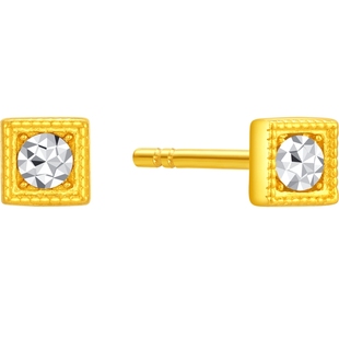 潮宏基黄金耳饰足金耳钉金钻工艺几何方形养耳生日礼物计价