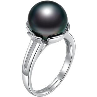 黛米珠宝 海眸 10-11mm正圆海水大溪地黑珍珠戒指S925银大戒子女